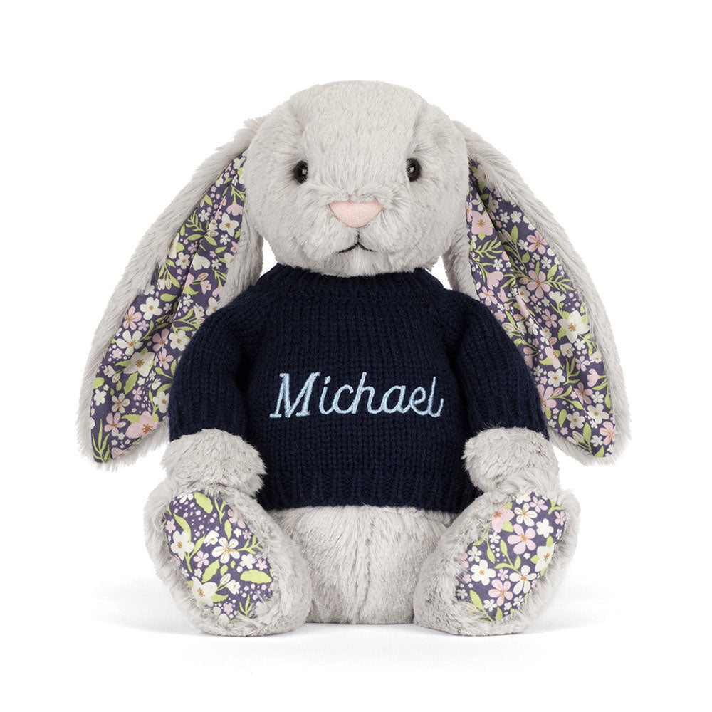 Blossom Silver Bunny 'Bloom' with Personalised Navy Jumper, View 4
