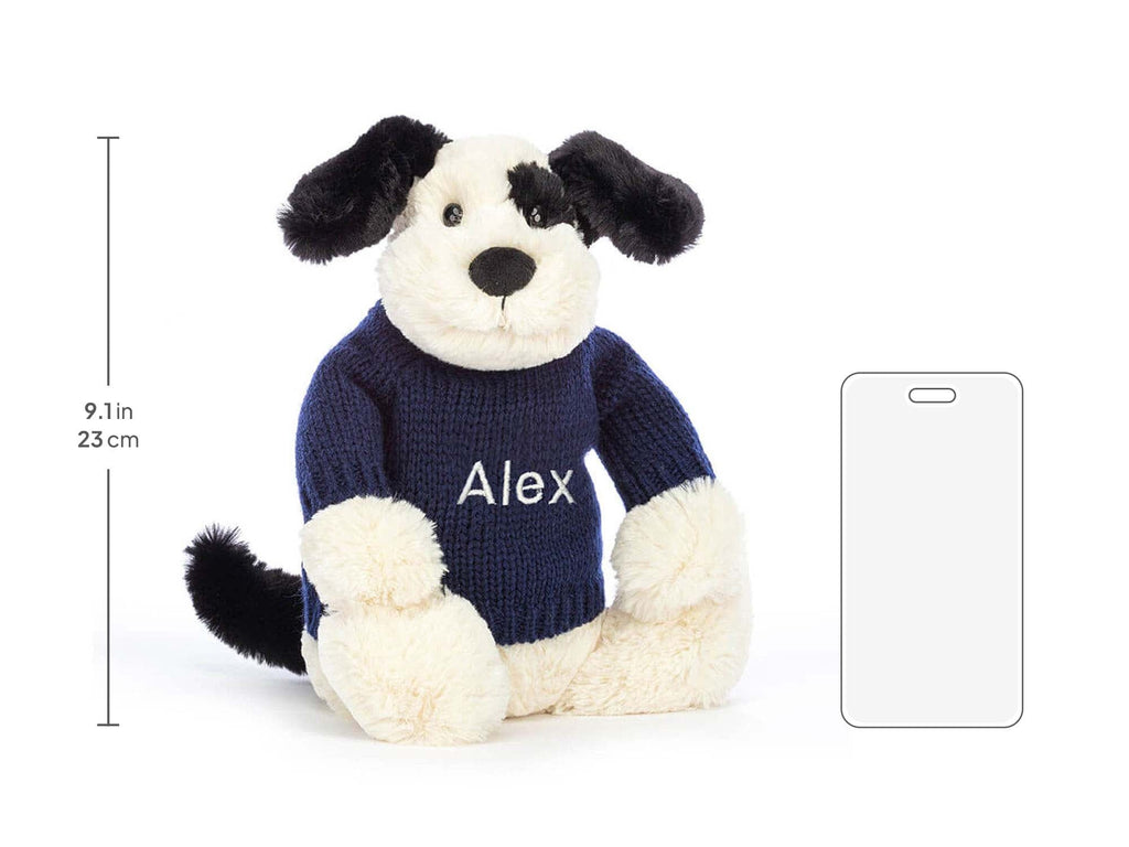 Bashful Black & Cream Puppy with Personalized Navy Jumper, size chart