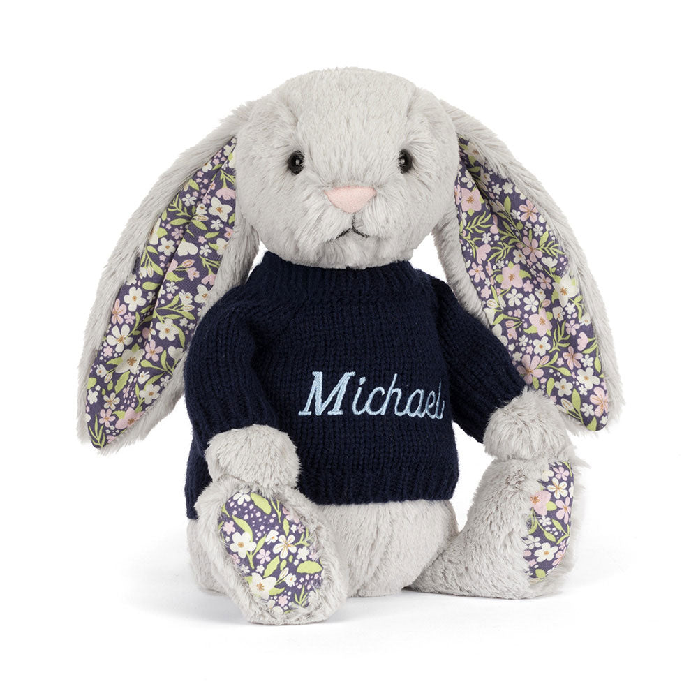 Blossom Silver Bunny 'Bloom' with Personalised Navy Jumper, Main View