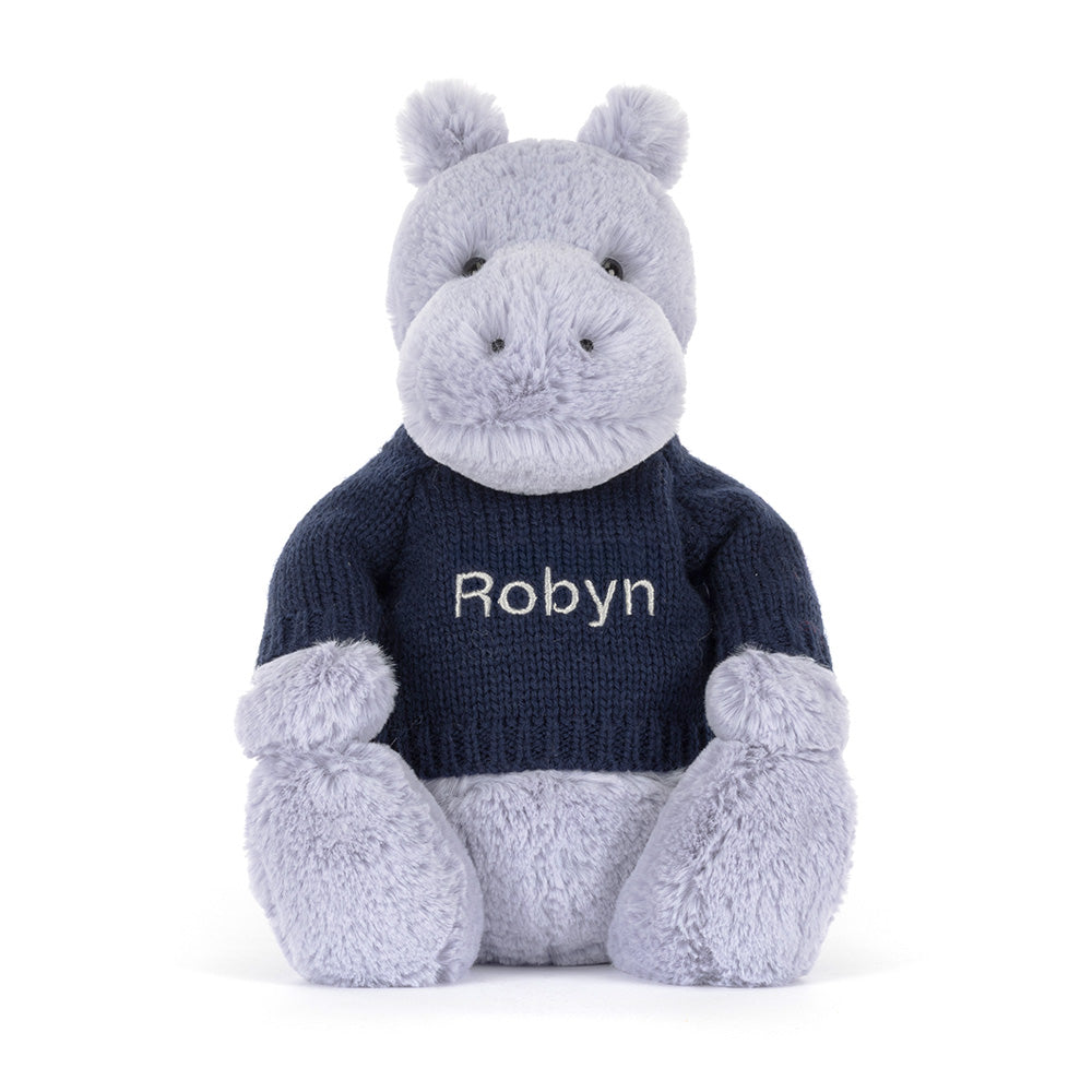 Bashful Hippo with Personalised Navy Jumper, View 4