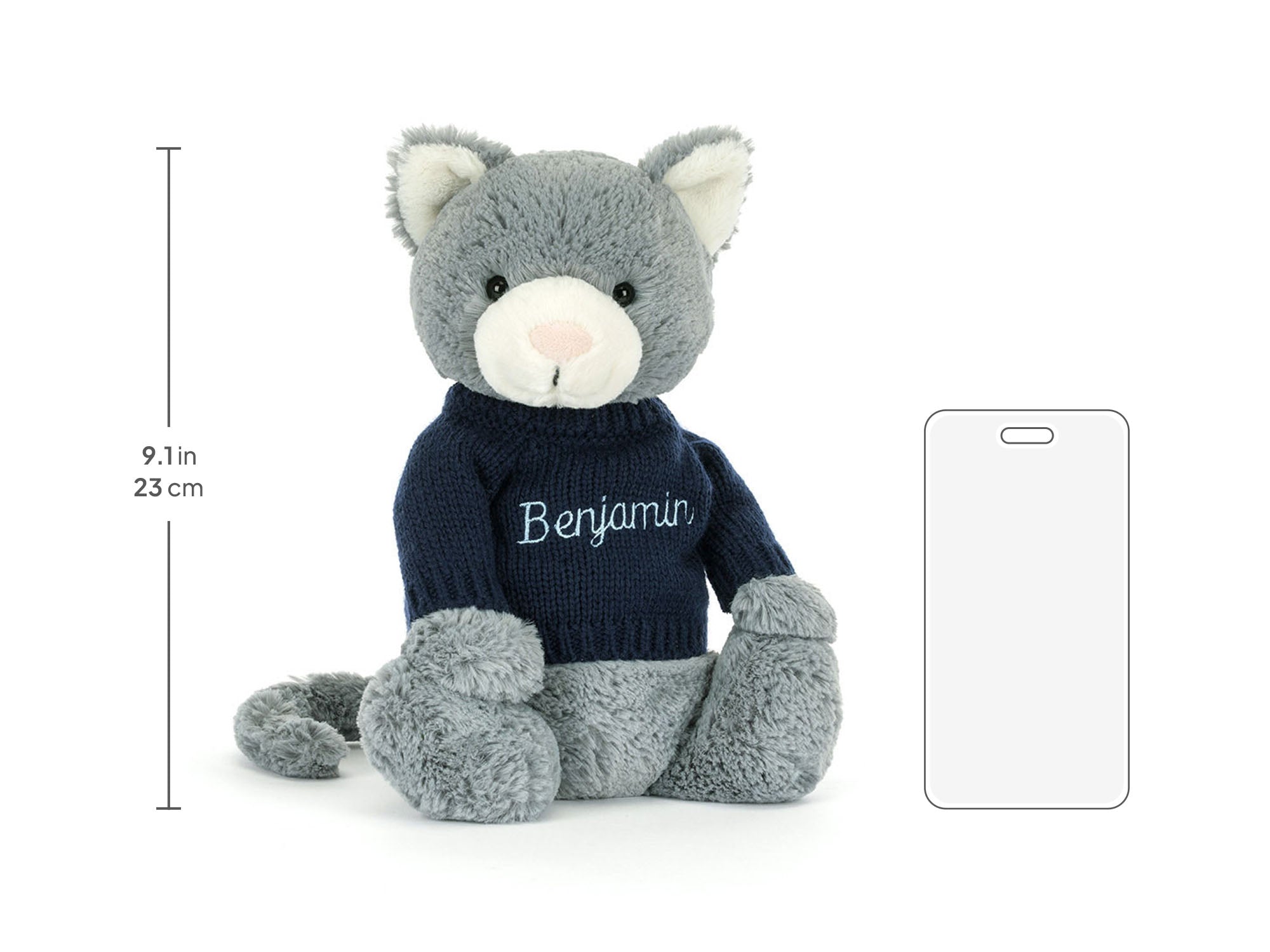 Bashful Kitten with Personalized Navy Jumper size chart